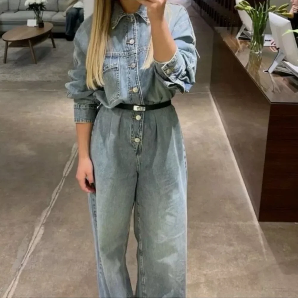 Zara Long Denim Jumpsuit TRF Denim Blue NWT - Picture 3 of 5